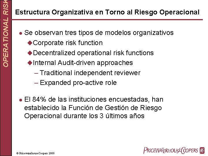 OPERATIONAL RIS Estructura Organizativa en Torno al Riesgo Operacional l l Se observan tres