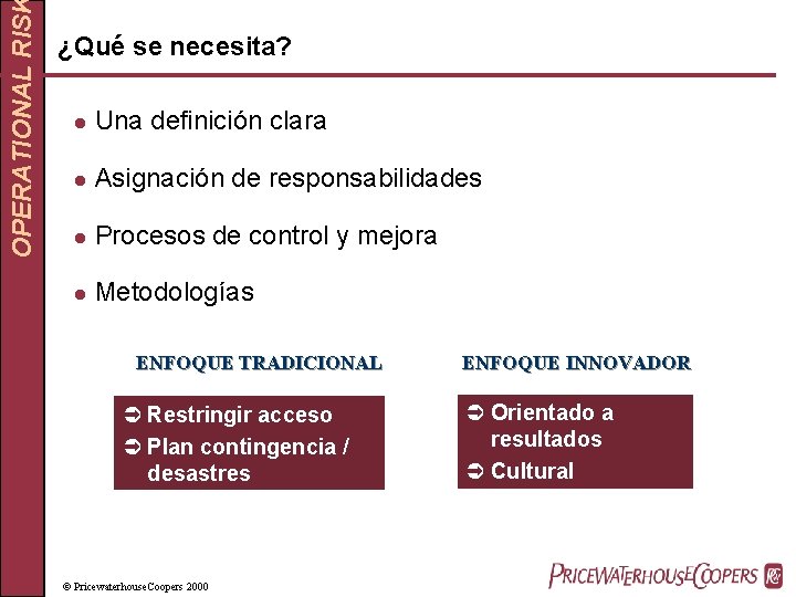 OPERATIONAL RIS ¿Qué se necesita? l Una definición clara l Asignación de responsabilidades l