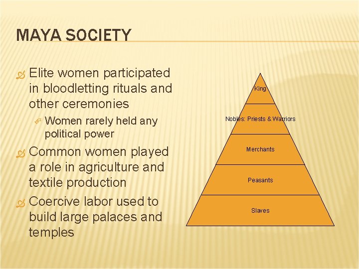 MAYA SOCIETY Elite women participated in bloodletting rituals and other ceremonies Women rarely held