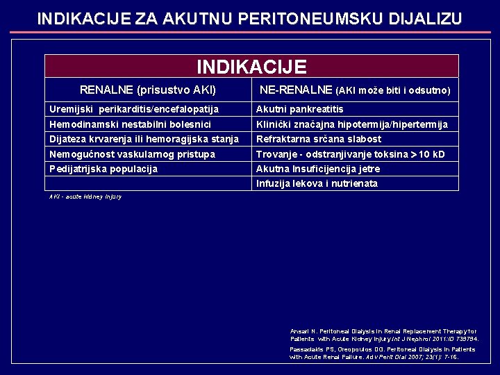 INDIKACIJE ZA AKUTNU PERITONEUMSKU DIJALIZU INDIKACIJE RENALNE (prisustvo AKI) NE-RENALNE (AKI može biti i