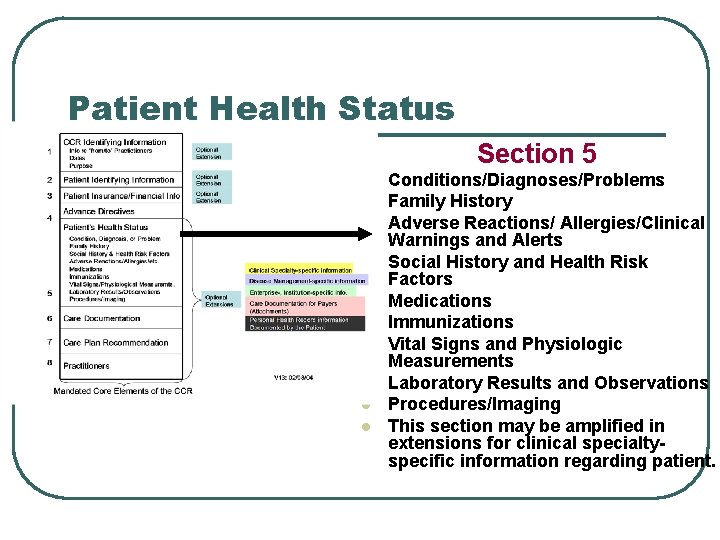 Patient Health Status Section 5 l l l l l Conditions/Diagnoses/Problems Family History Adverse