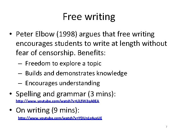 Free writing • Peter Elbow (1998) argues that free writing encourages students to write Free writing • Peter Elbow (1998) argues that free writing encourages students to write