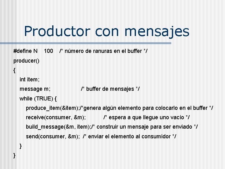 Productor con mensajes #define N 100 /* número de ranuras en el buffer */
