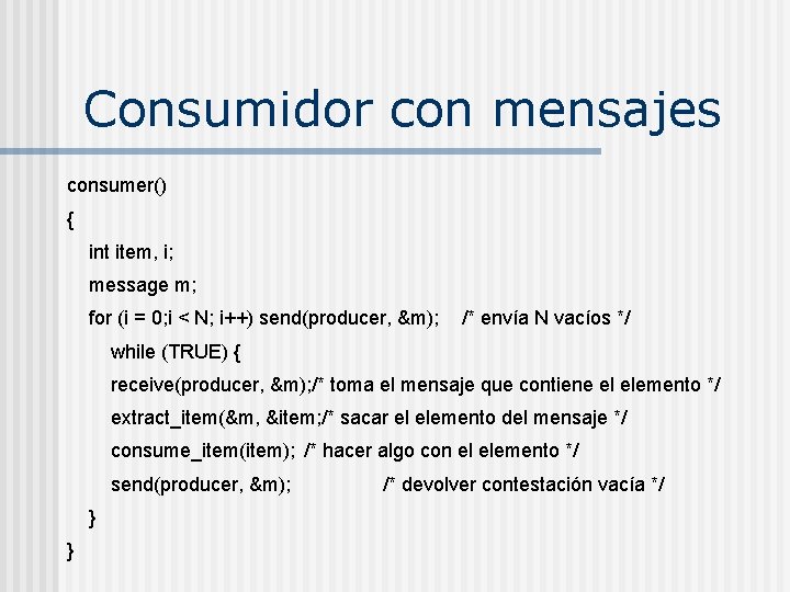 Consumidor con mensajes consumer() { int item, i; message m; for (i = 0;