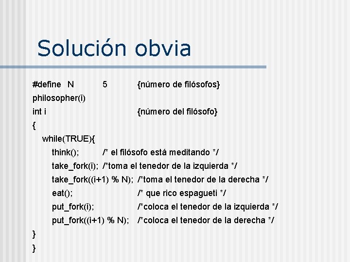 Solución obvia #define N 5 {número de filósofos} philosopher(i) int i {número del filósofo}