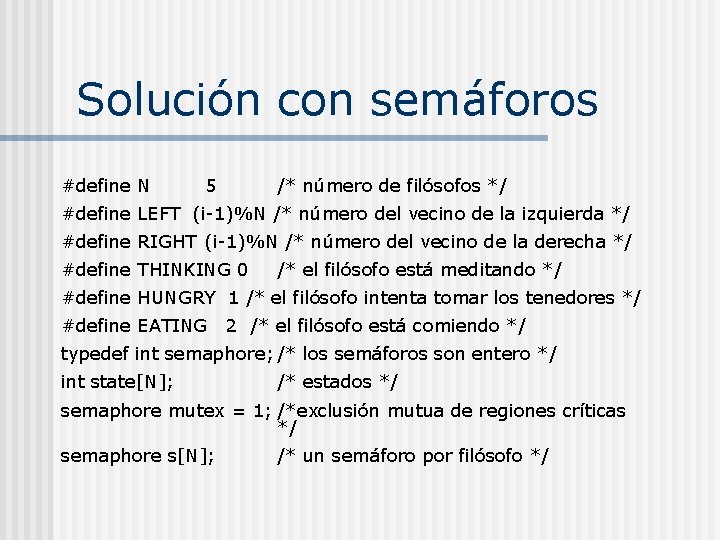 Solución con semáforos #define N 5 /* número de filósofos */ #define LEFT (i-1)%N