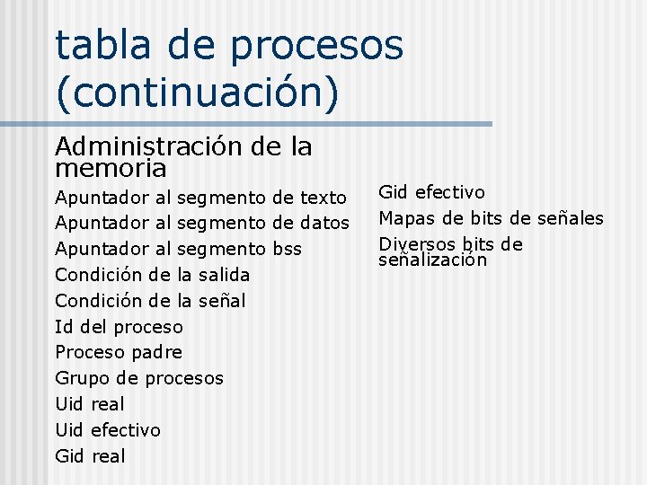 tabla de procesos (continuación) Administración de la memoria Apuntador al segmento de texto Apuntador