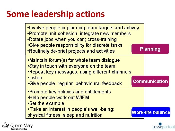 Some leadership actions • Involve people in planning team targets and activity • Promote