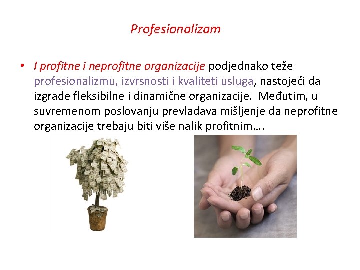 Profesionalizam • I profitne i neprofitne organizacije podjednako teže profesionalizmu, izvrsnosti i kvaliteti usluga,