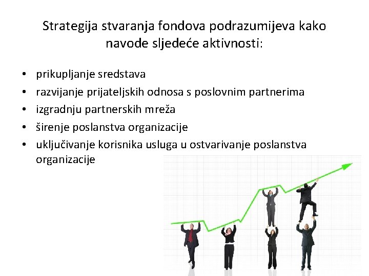 Strategija stvaranja fondova podrazumijeva kako navode sljedeće aktivnosti: • • • prikupljanje sredstava razvijanje