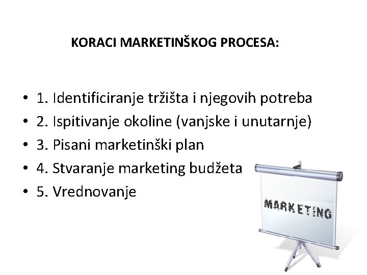 KORACI MARKETINŠKOG PROCESA: • • • 1. Identificiranje tržišta i njegovih potreba 2. Ispitivanje