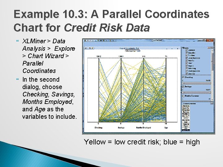 Example 10. 3: A Parallel Coordinates Chart for Credit Risk Data XLMiner > Data