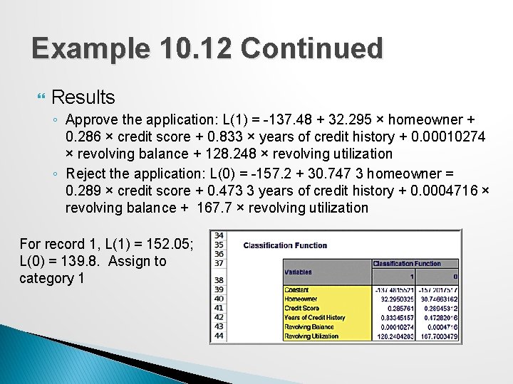 Example 10. 12 Continued Results ◦ Approve the application: L(1) = -137. 48 +