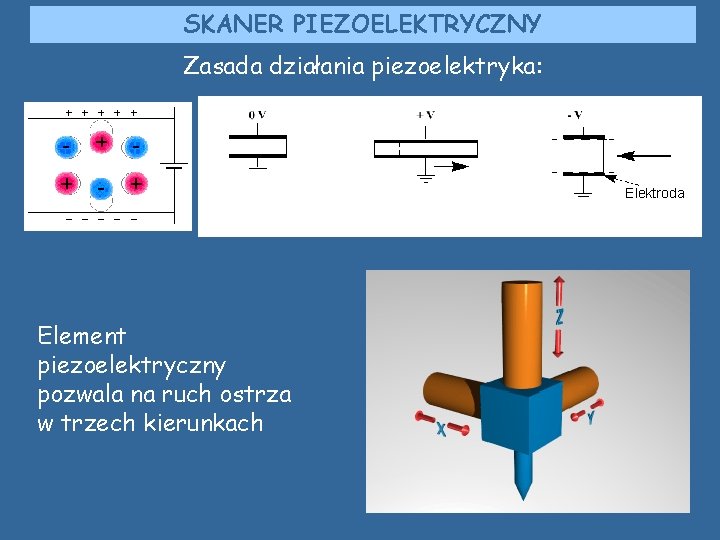 SKANER PIEZOELEKTRYCZNY Zasada działania piezoelektryka: Elektroda Element piezoelektryczny pozwala na ruch ostrza w trzech SKANER PIEZOELEKTRYCZNY Zasada działania piezoelektryka: Elektroda Element piezoelektryczny pozwala na ruch ostrza w trzech