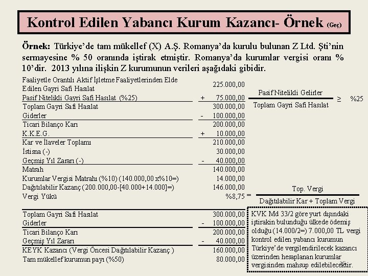 Kontrol Edilen Yabancı Kurum Kazancı- Örnek (Geç) Örnek: Türkiye’de tam mükellef (X) A. Ş.