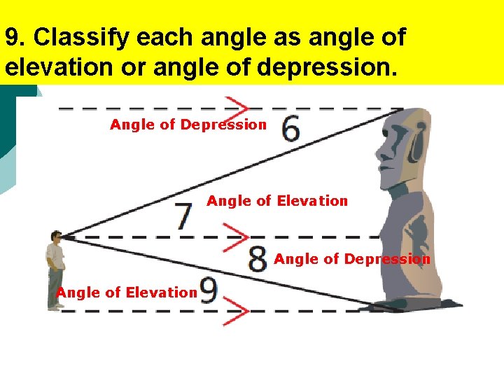 9. Classify each angle as angle of elevation or angle of depression. Angle of