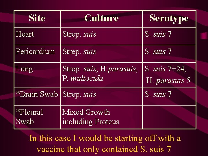 Site Heart Culture Serotype Strep. suis S. suis 7 Pericardium Strep. suis S. suis