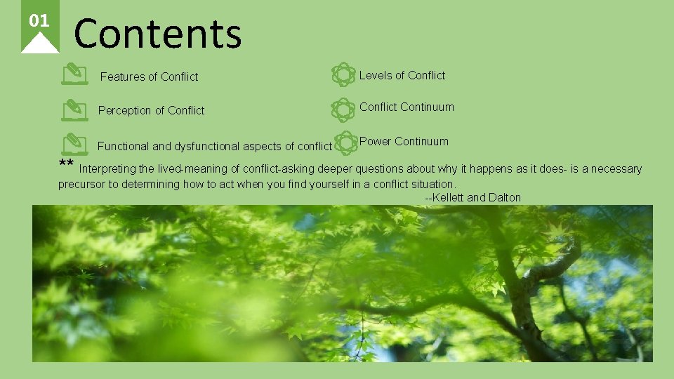 01 Contents Features of Conflict Levels of Conflict Perception of Conflict Continuum Functional and