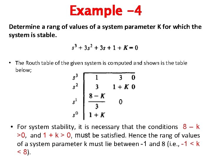 Example -4 Determine a rang of values of a system parameter K for which