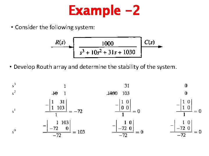 Example -2 • Consider the following system: • Develop Routh array and determine the