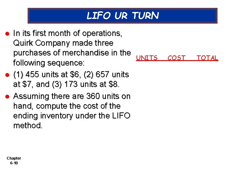 LIFO UR TURN l l l In its first month of operations, Quirk Company