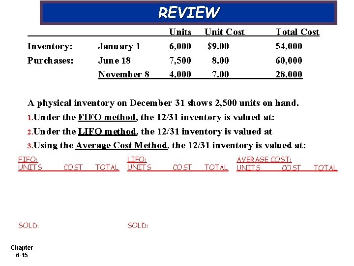 REVIEW Inventory: Purchases: January 1 June 18 November 8 Units 6, 000 7, 500 REVIEW Inventory: Purchases: January 1 June 18 November 8 Units 6, 000 7, 500