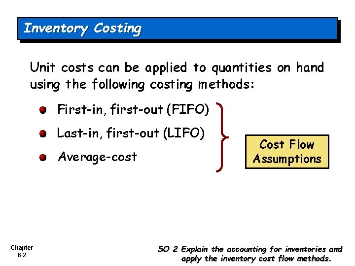 Inventory Costing Unit costs can be applied to quantities on hand using the following Inventory Costing Unit costs can be applied to quantities on hand using the following
