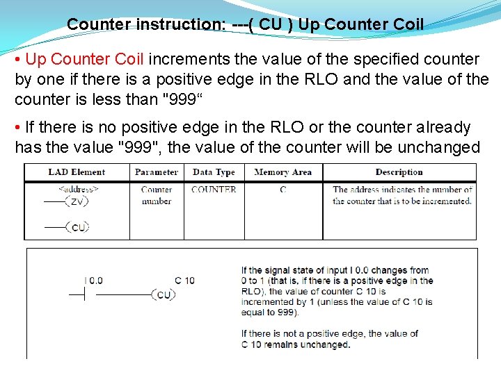 Counter instruction: ---( CU ) Up Counter Coil • Up Counter Coil increments the