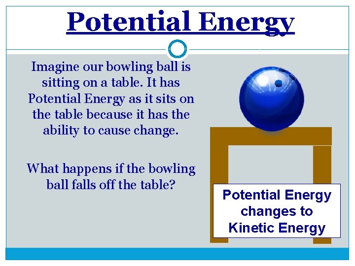 Potential Energy Imagine our bowling ball is sitting on a table. It has Potential