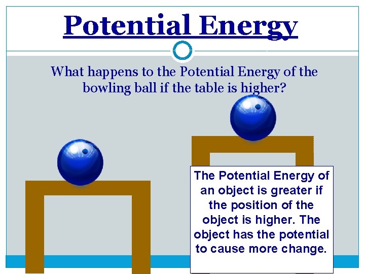 Potential Energy What happens to the Potential Energy of the bowling ball if the