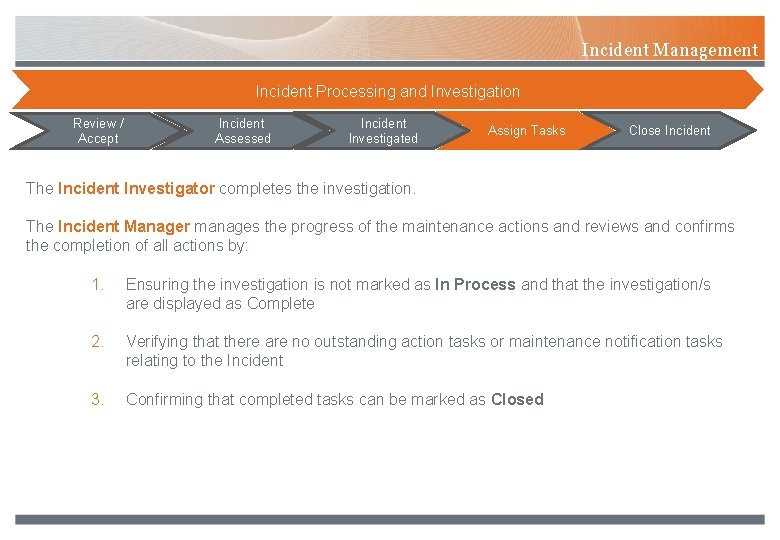 Incident Management Review / Accept Incident Processing and Investigation Incident Assessed Incident Investigated Assign