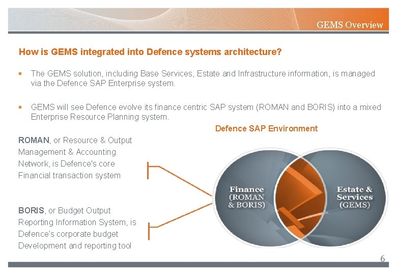 GEMS Overview How is GEMS integrated into Defence systems architecture? § The GEMS solution,