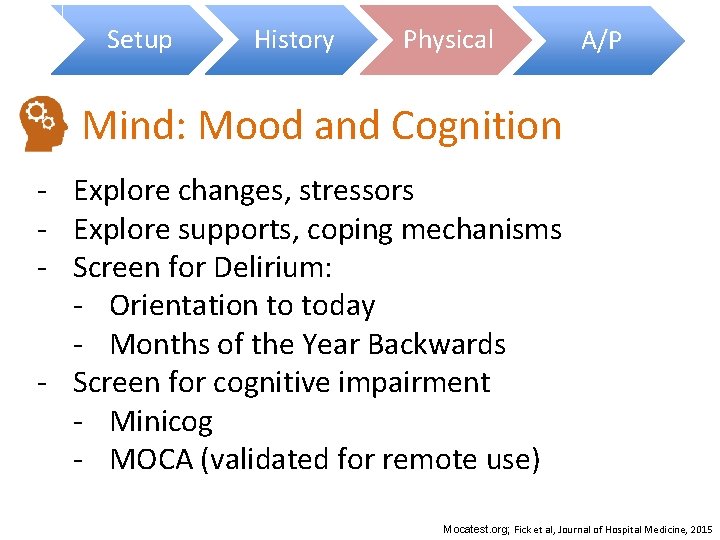 Setup History Physical A/P Mind: Mood and Cognition - Explore changes, stressors - Explore