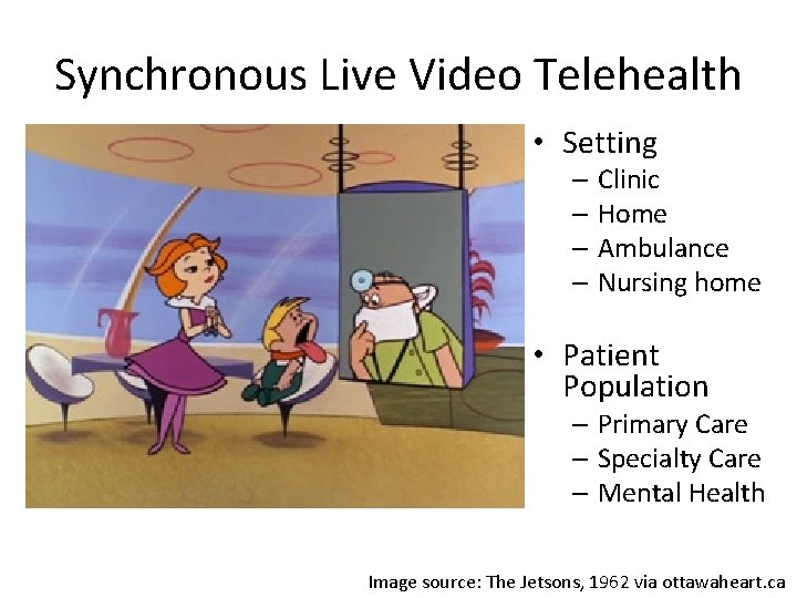 Synchronous Live Video Telehealth • Setting – Clinic – Home – Ambulance – Nursing