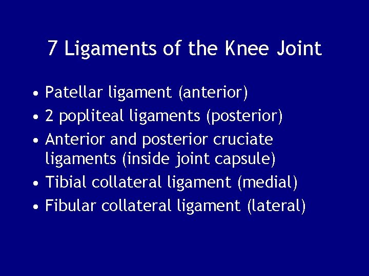 7 Ligaments of the Knee Joint • Patellar ligament (anterior) • 2 popliteal ligaments