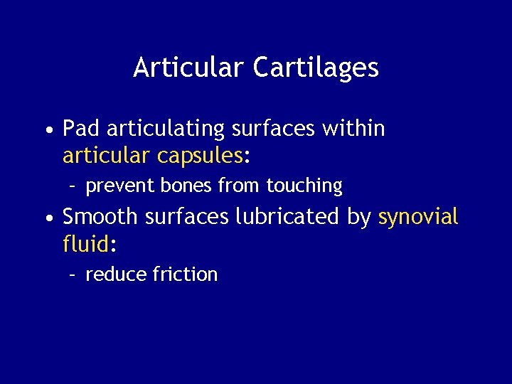 Articular Cartilages • Pad articulating surfaces within articular capsules: – prevent bones from touching