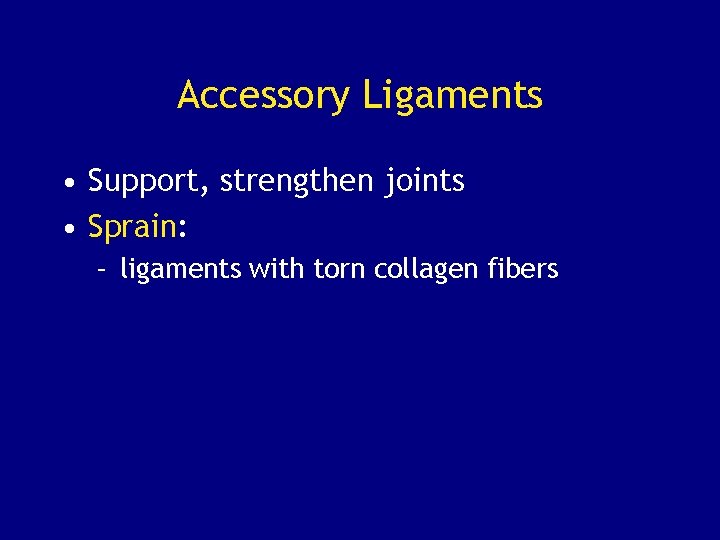 Accessory Ligaments • Support, strengthen joints • Sprain: – ligaments with torn collagen fibers