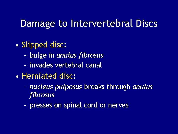 Damage to Intervertebral Discs • Slipped disc: – bulge in anulus fibrosus – invades