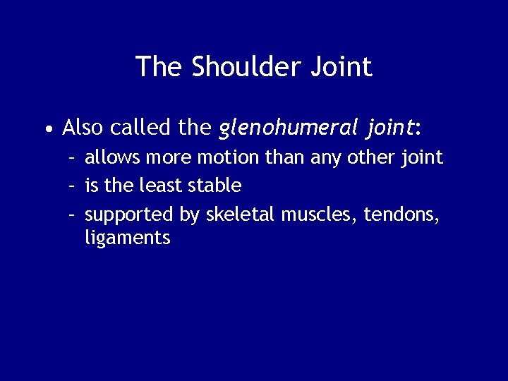 The Shoulder Joint • Also called the glenohumeral joint: – allows more motion than