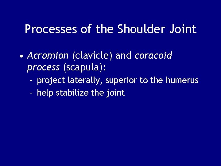 Processes of the Shoulder Joint • Acromion (clavicle) and coracoid process (scapula): – project