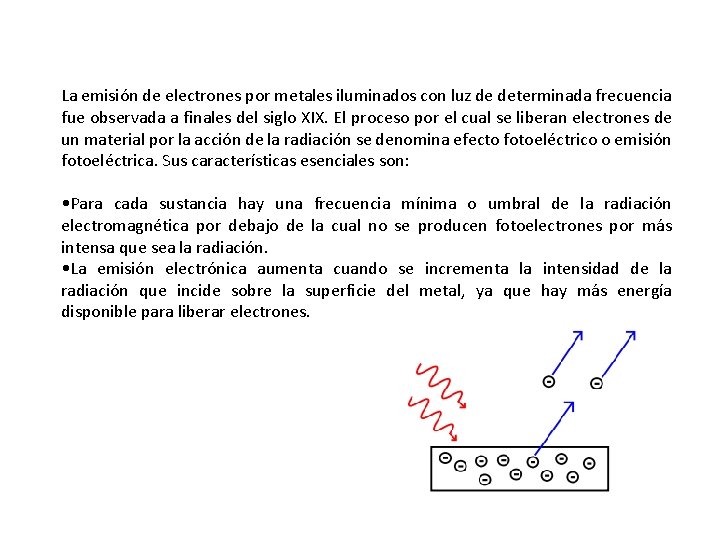 La emisión de electrones por metales iluminados con luz de determinada frecuencia fue observada