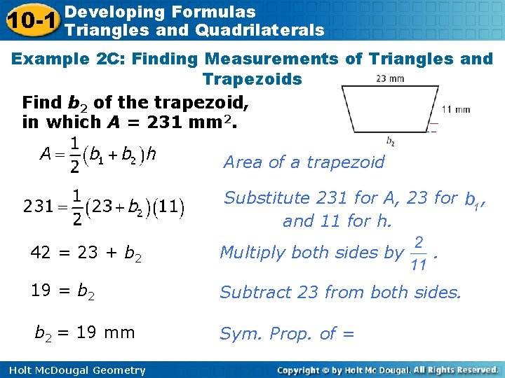 10 -1 Developing Formulas Triangles and Quadrilaterals Example 2 C: Finding Measurements of Triangles