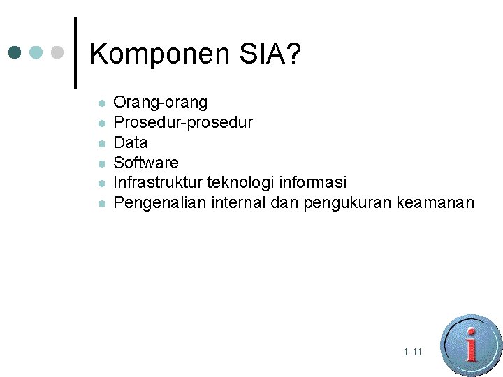 Komponen SIA? l l l Orang-orang Prosedur-prosedur Data Software Infrastruktur teknologi informasi Pengenalian internal