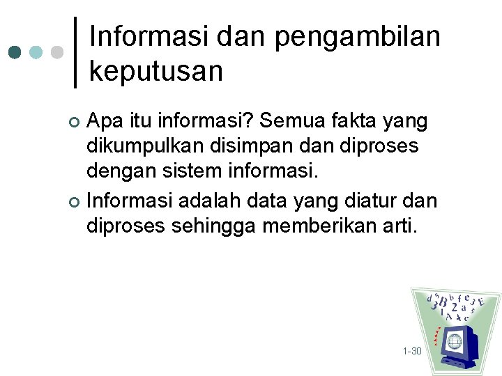 Informasi dan pengambilan keputusan Apa itu informasi? Semua fakta yang dikumpulkan disimpan diproses dengan