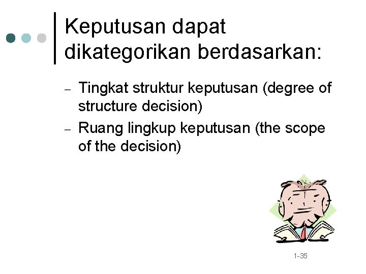 Keputusan dapat dikategorikan berdasarkan: – – Tingkat struktur keputusan (degree of structure decision) Ruang