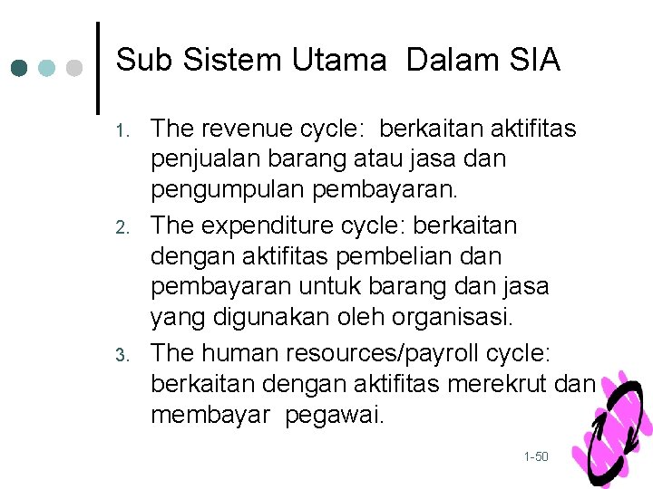 Sub Sistem Utama Dalam SIA 1. 2. 3. The revenue cycle: berkaitan aktifitas penjualan