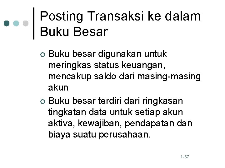 Posting Transaksi ke dalam Buku Besar Buku besar digunakan untuk meringkas status keuangan, mencakup