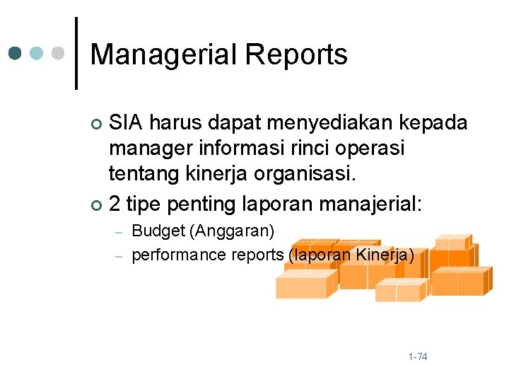 Managerial Reports SIA harus dapat menyediakan kepada manager informasi rinci operasi tentang kinerja organisasi.