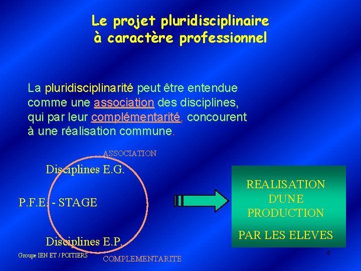 Le projet pluridisciplinaire à caractère professionnel La pluridisciplinarité peut être entendue comme une association Le projet pluridisciplinaire à caractère professionnel La pluridisciplinarité peut être entendue comme une association