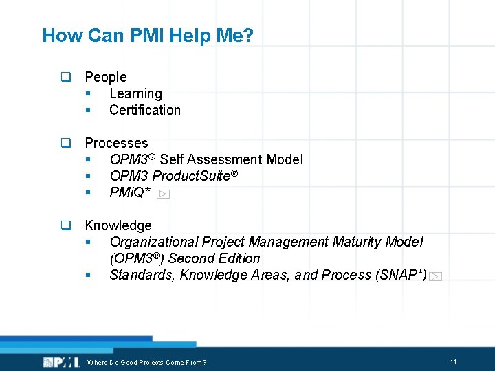 How Can PMI Help Me? q People § Learning § Certification q Processes §
